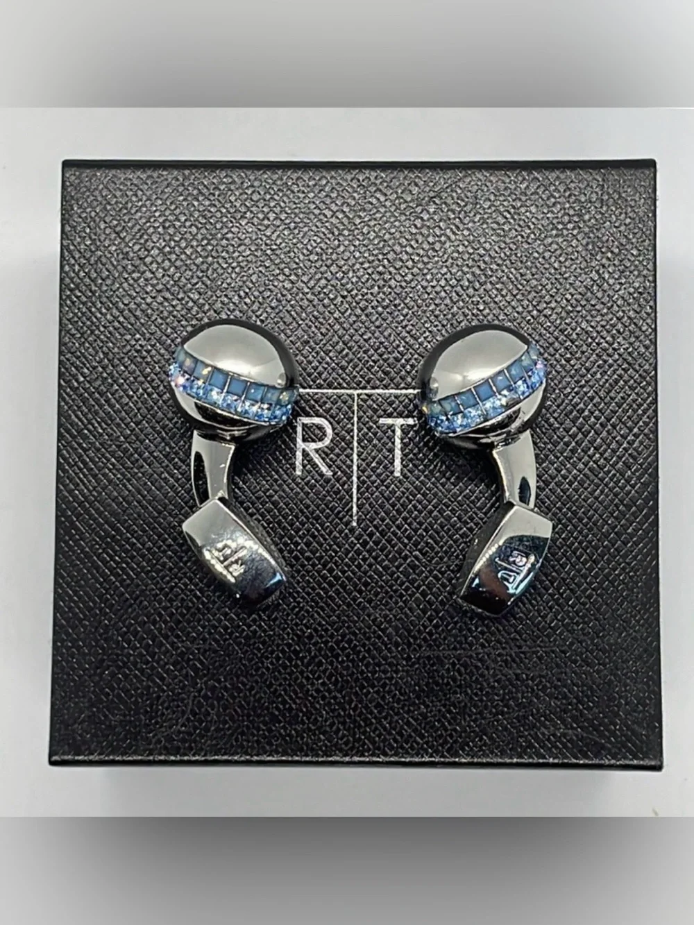R|T by Robert Tateossian London Swarovski Blue Crystal Cufflinks Rhodium w Box